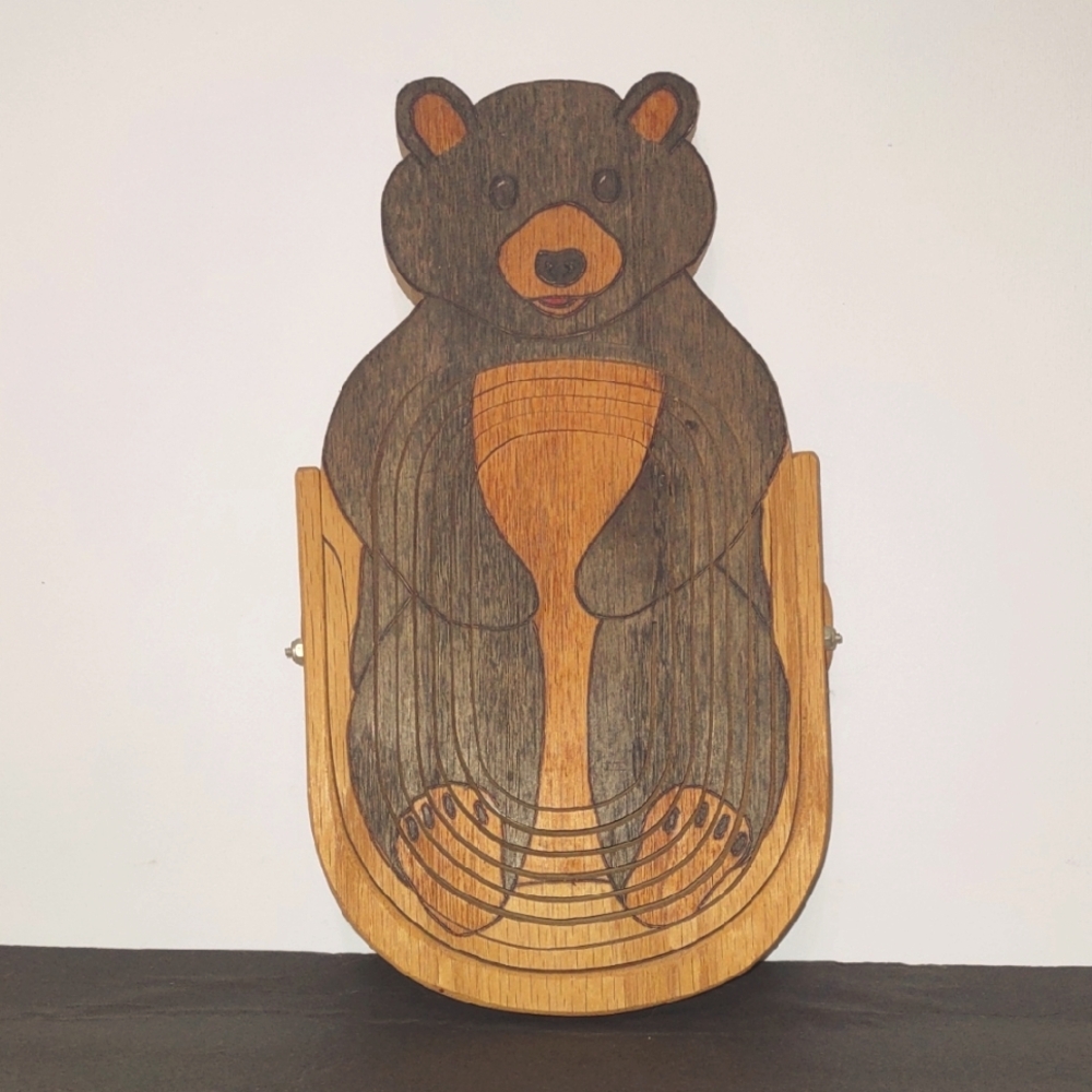 Hand Crafted Signed Artisan Piece Bear Wooden Collapsible Bowl